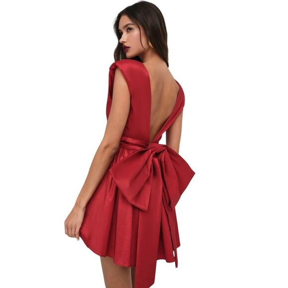 For Love & Lemons Red Rose Taffeta Bow Mini Dress - Picture 3 of 12